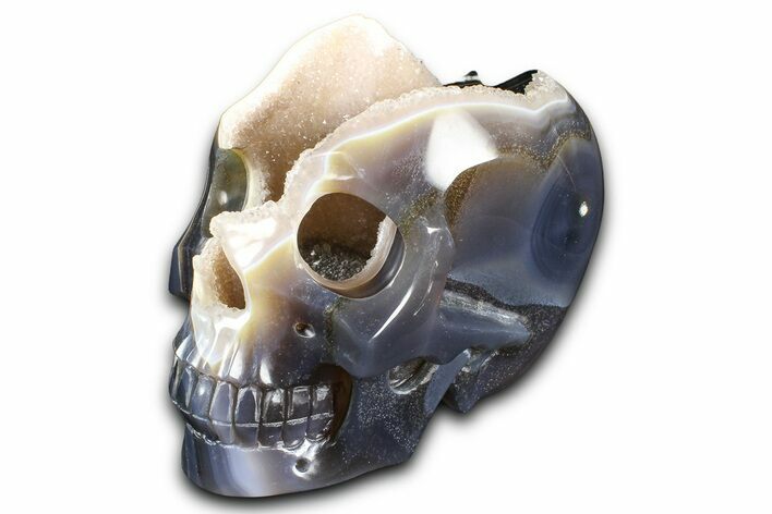 Realistic Polished Banded Agate Skull with Quartz Crystal Pocket #378643